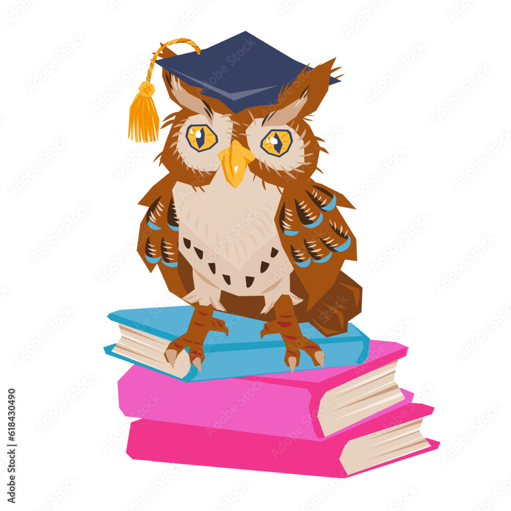 Obraz premium Owl character of student or professor sitting on books, flat vector illustration isolated on white. Owl on educational and school topics, design of timetable of lessons and diplomas of education.