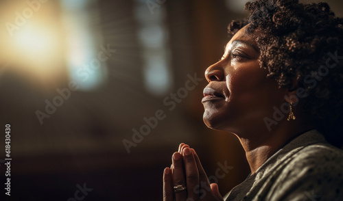 Prayer, christian and worship with black woman in church for god, holy spirit and spirituality. Praying, ai generated and connection with person and traditions for faith, mindfulness and Christianity