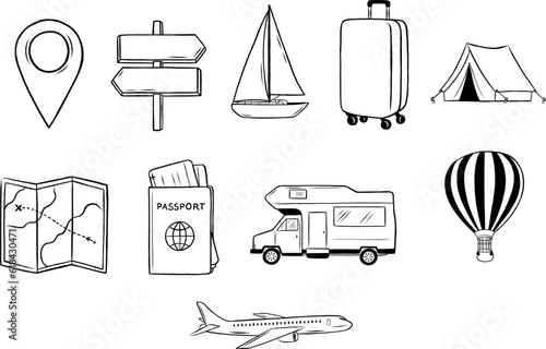 Travel summer vacation hand drawn icons, vector icons, trip, plane, van, balloon, boat, travel illustrations, graphic, clip art (ID: 618430471)