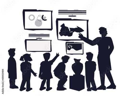 Black silhouettes of children with guide in art gallery, flat cartoon vector illustration isolated on white background. Kids in museum black outline silhouettes.