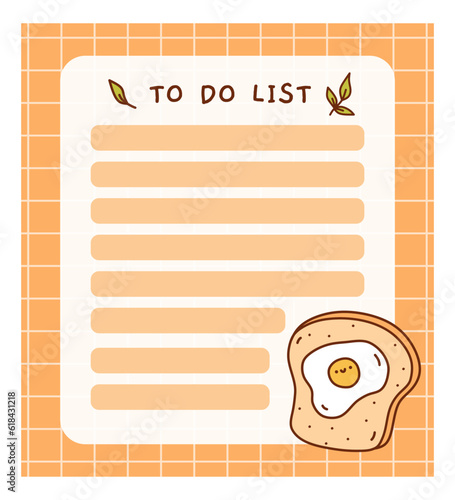 Cute to do list template with fried eggs. Kawaii and funny design of daily planner, schedule or checklist. Perfect for planning, memo, notes and self-organization. Vector hand-drawn illustration.