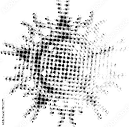 Halftone rolling blurred polka dot mandala with highlighted sector. Simulation of a blurry, fuzzy image in motion. Space for copy text. Vector.