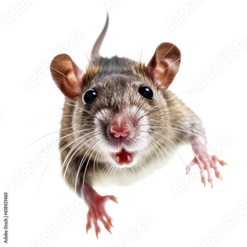 portrait of a cute little rat animal, stretches towards the camera, fluffy pet, isolated