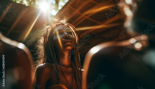 Fotografie, Tablou Prayer, tribe and god with woman in village for worship, holy and spirituality