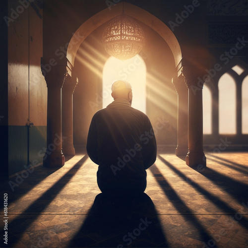 Fotografija Prayer, islam and worship with man in mosque for god, holy quran and spirituality