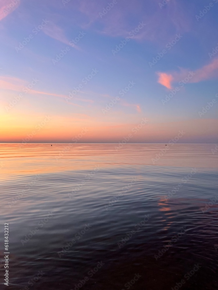 tender evening seascape, orange sea horizon, peaceful sea view