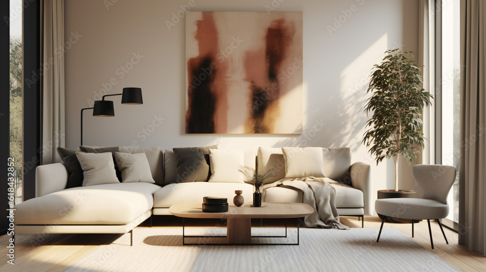Stylish Living Room Interior with an Abstract Frame Poster, Modern Interior Design, 3D Render, 3D Illustration Stylish Living Room Interior with an Abstract Frame Poster, Modern Interior Design, 3D Render, 3D Illustration