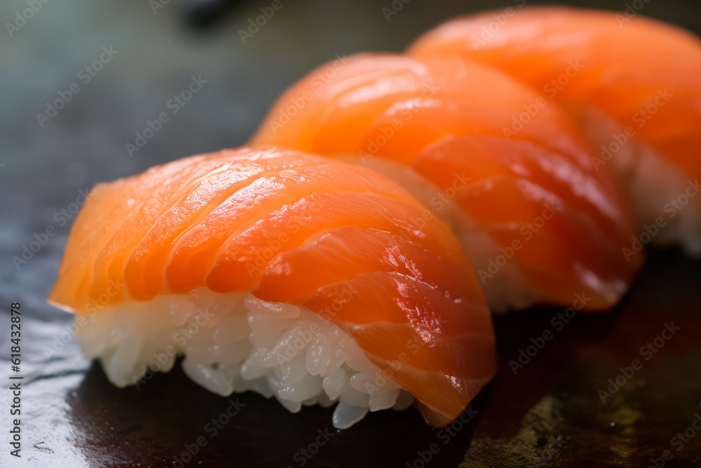 Sushi with salmon on the plate, Japanese food. AI Generated., Japanese food. AI Generated. Sushi with salmon on the plate, Japanese food. AI Generated., Japanese food. AI Generated.