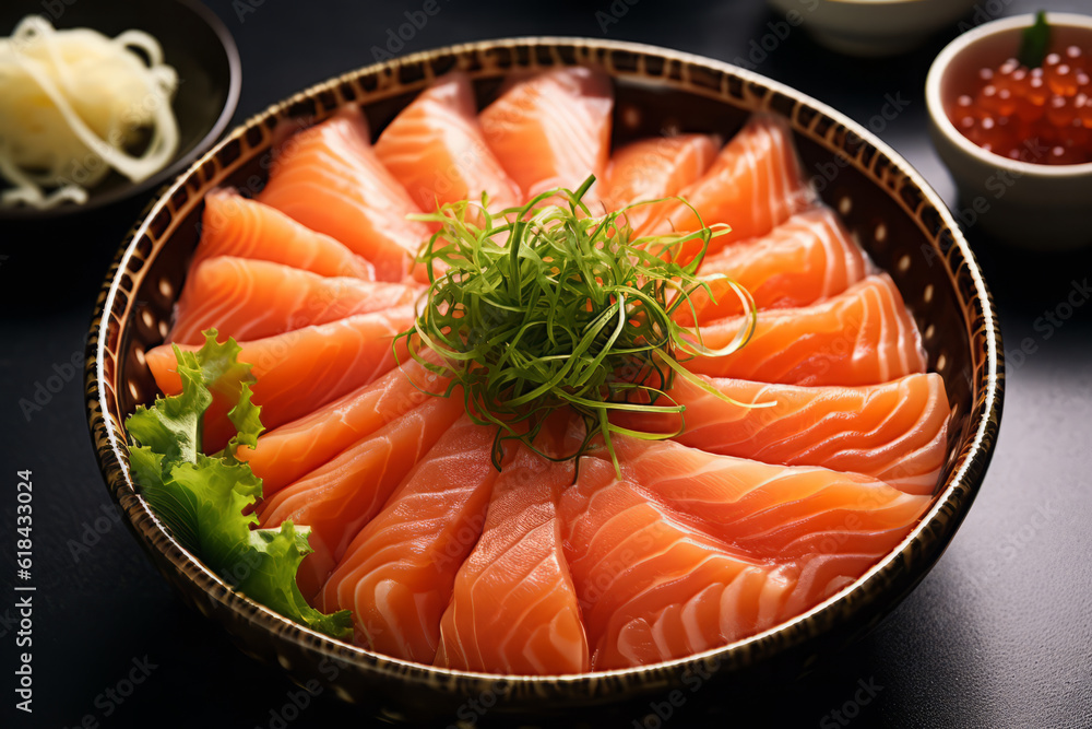 Close-up top view of ingredients Sashimi SET, Salmon, Tuna, Japanese food. AI Generated. Close-up top view of ingredients Sashimi SET, Salmon, Tuna, Japanese food. AI Generated.