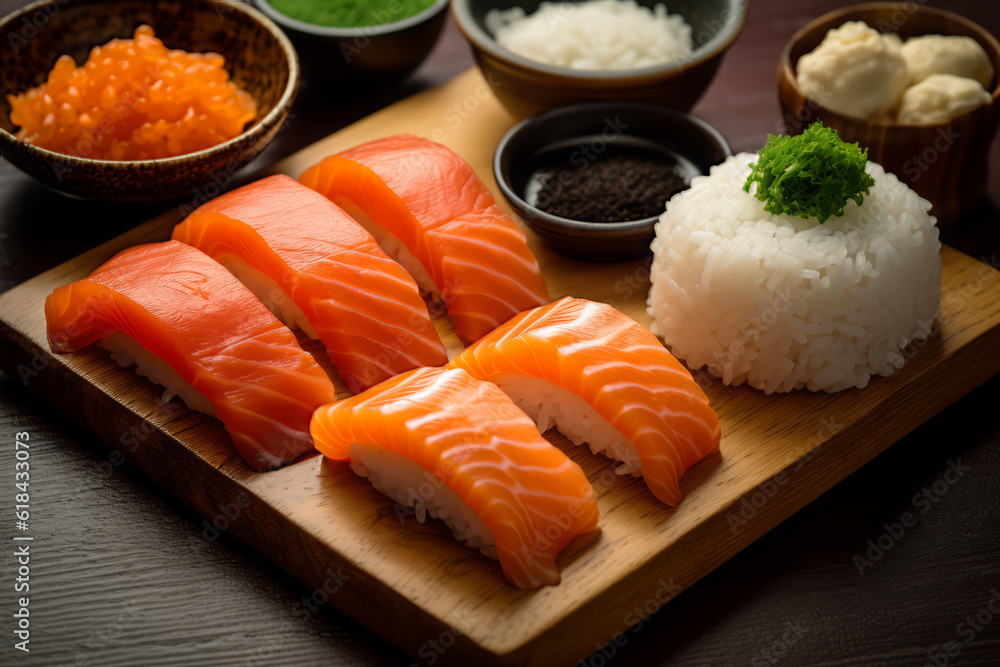 Sushi with salmon on the plate, Japanese food. AI Generated., Japanese food. AI Generated. Sushi with salmon on the plate, Japanese food. AI Generated., Japanese food. AI Generated.