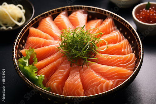 Close-up top view of ingredients Sashimi SET, Salmon, Tuna, Japanese food. AI Generated.