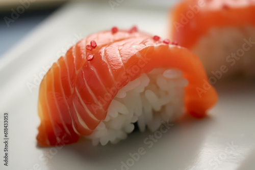 Sushi with salmon on the plate, Japanese food. AI Generated., Japanese food. AI Generated.