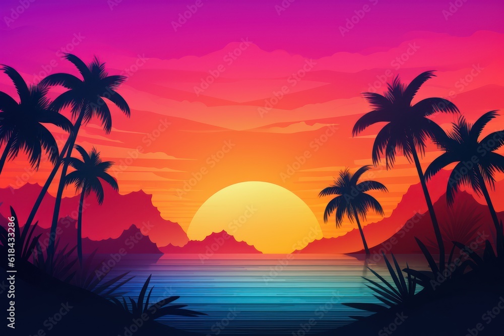Vibrant retro vintage style of sunset sky  beach with sun and palm trees background banner.