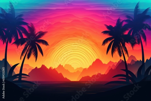 Vibrant retro vintage style of sunset sky  beach with sun and palm trees background banner. © ant