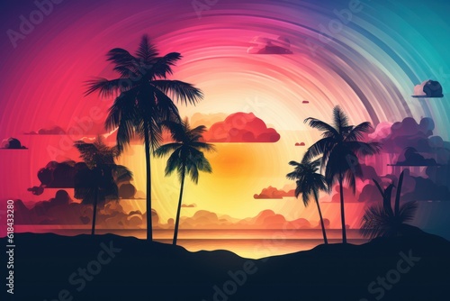 Vibrant retro vintage style of sunset sky beach with sun and palm trees background banner.