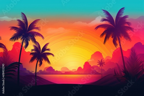 Vibrant retro vintage style of sunset sky beach with sun and palm trees background banner.