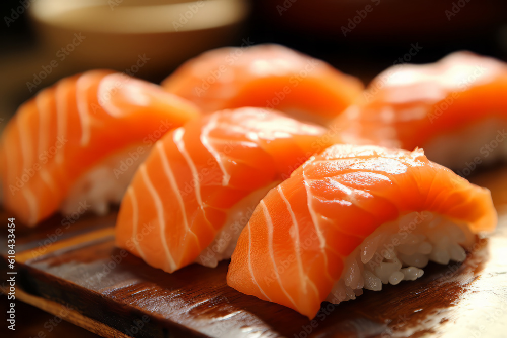 Sushi with salmon on the plate, Japanese food. AI Generated., Japanese food. AI Generated. Sushi with salmon on the plate, Japanese food. AI Generated., Japanese food. AI Generated.