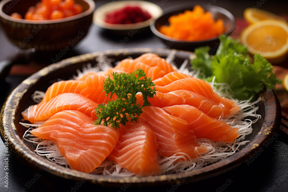 Close-up top view of ingredients Sashimi SET, Salmon, Tuna, Japanese food. AI Generated. Close-up top view of ingredients Sashimi SET, Salmon, Tuna, Japanese food. AI Generated.