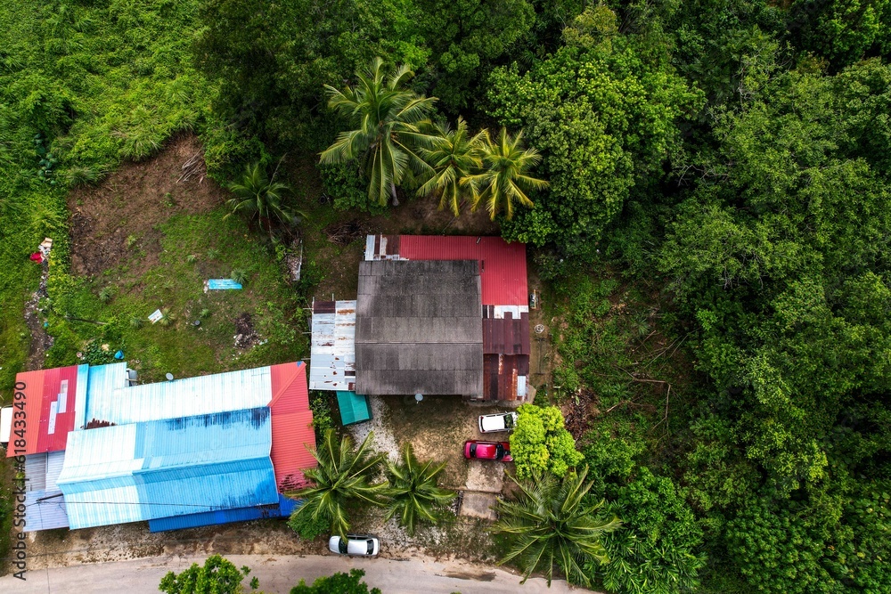 Naklejka premium an aerial view of the Rumah Jerek Baru Village of Gua Musang Kelantan
