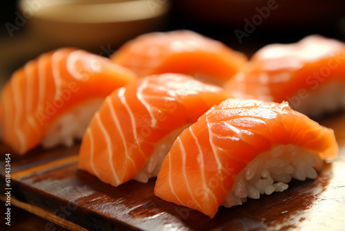Sushi with salmon on the plate, Japanese food. AI Generated., Japanese food. AI Generated.