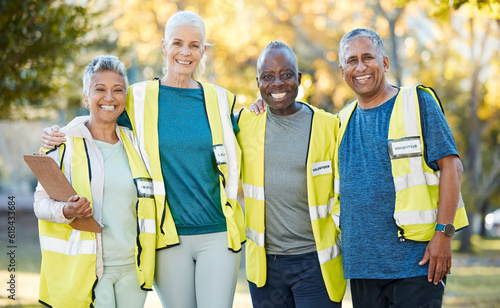 Clipboard, volunteering portrait and people in park for cleaning, community service or gardening checklist. Environment, group teamwork and senior woman or friends in ngo or nonprofit project outdoor