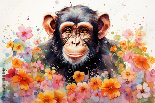 Watercolor painting of a cute chimpanzee in a colorful flower field. Ideal for art print, greeting card, springtime concepts etc. Made with generative AI. 