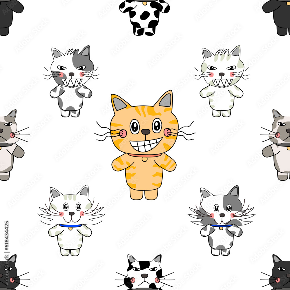 Happy cat doodle art seamless pattern textile vector design