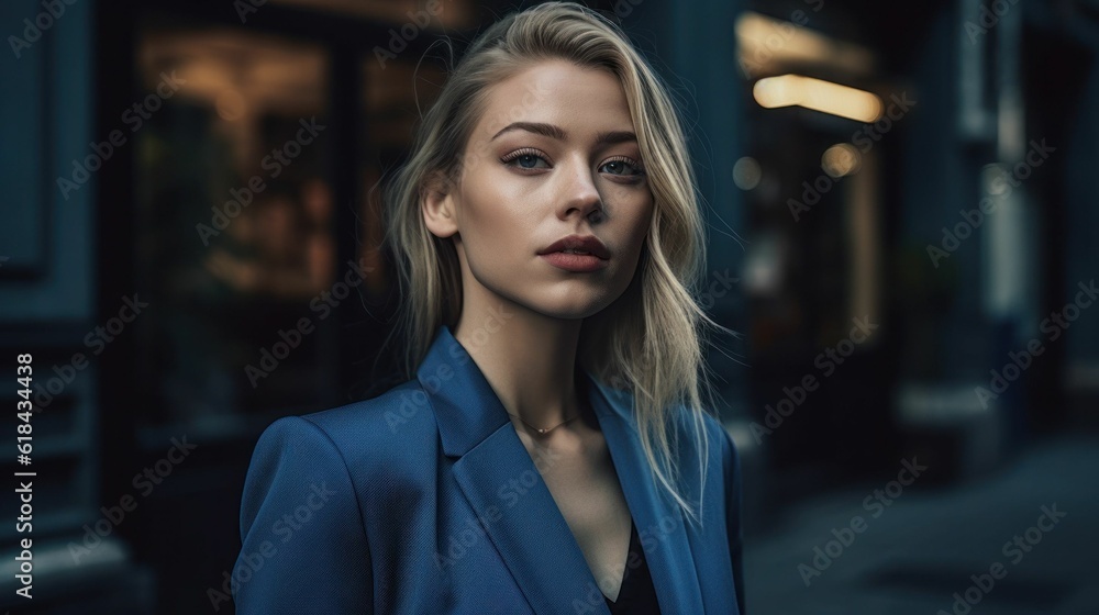 AI generated illustration of a blond woman wearing a stylish business suit on the city street AI generated illustration of a blond woman wearing a stylish business suit on the city street
