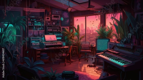 AI generated illustration of an inviting room featuring a grand piano and lush greenery