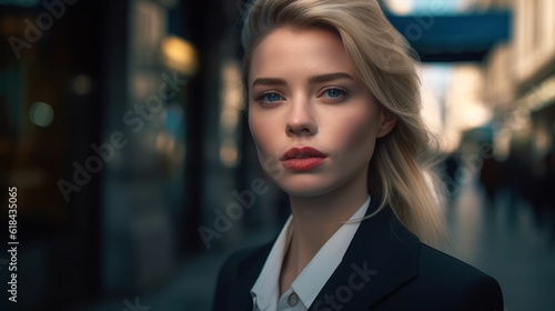 AI generated illustration of a blond woman wearing a stylish business suit on the city street