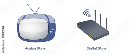 Analog signal and digital signal. Difference between analog and digital signal vector illustration. Carrying data from one system to another. A function that conveys information about a phenomenon.