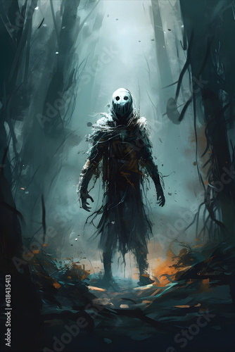 horror ghost creature scary spirit white skeleton skull mask in ghost forest full body digital brush painting portrait created with Generative AI technology