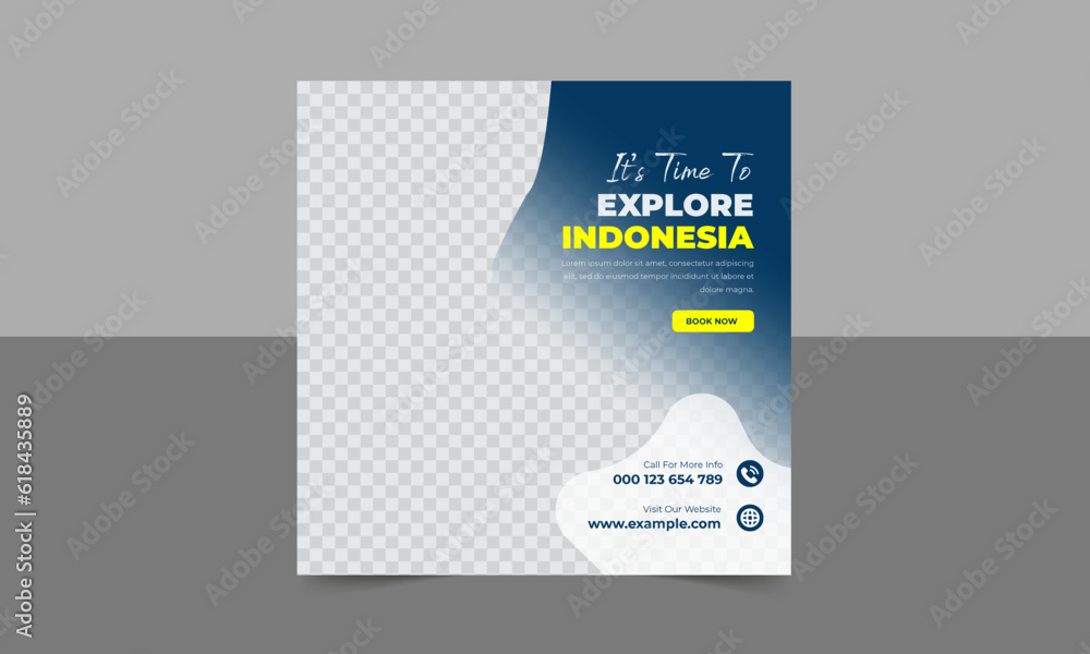 Explore Indoneisa, Holiday travel, travelling or summer beach travelling social media post or web banner template design. Tourism business marketing flyer or poster with abstract digital background, Explore Indoneisa, Holiday travel, travelling or summer beach travelling social media post or web banner template design. Tourism business marketing flyer or poster with abstract digital background,