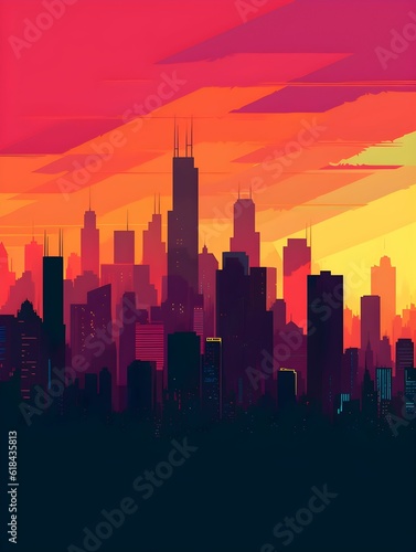 AI generated illustration of a vibrant sunset illuminating a bustling city skyline with skyscrapers