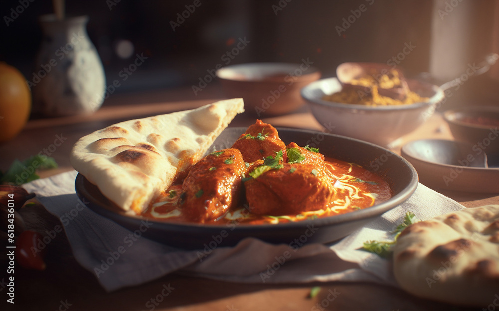 Food, kitchen and naan with chicken curry in restaurant for health, hospitality and nutrition. Fine dining, diet and ai generated with closeup of Indian cuisine in cafe for dinner, cooking and retail Food, kitchen and naan with chicken curry in restaurant for health, hospitality and nutrition. Fine dining, diet and ai generated with closeup of Indian cuisine in cafe for dinner, cooking and retail