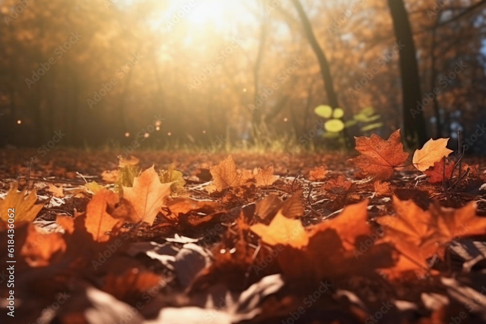 Beautiful autumn background of landscape with yellow leaves and sun. Falling leaves natural background. Generative AI technology
