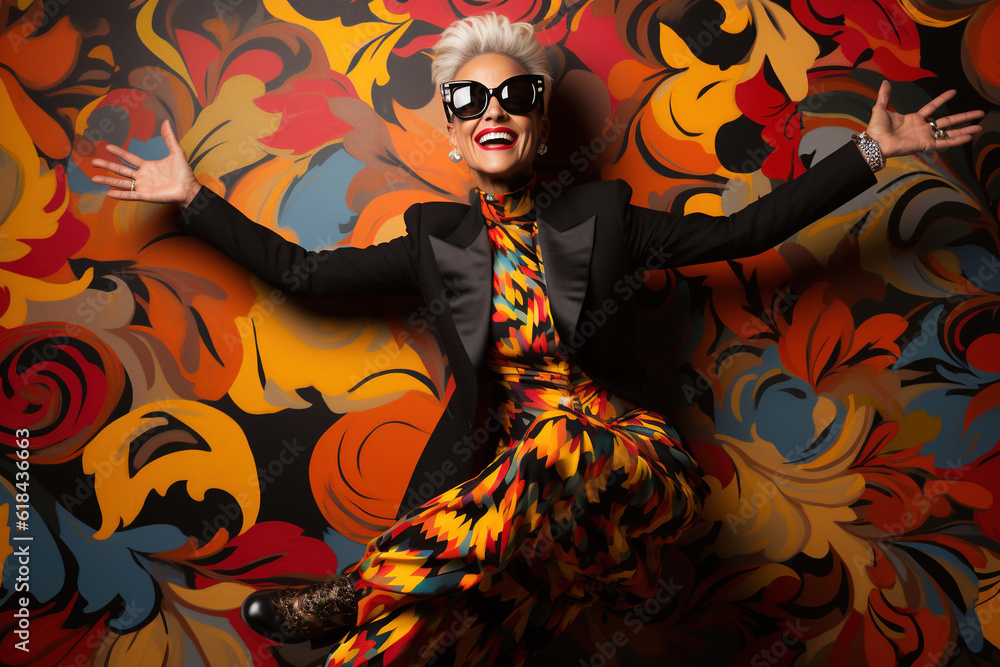 Senior woman looking happy and joyful full of energy. Doing gangster poses in front of a seamless backgroundGenerative AI Senior woman looking happy and joyful full of energy. Doing gangster poses in front of a seamless backgroundGenerative AI