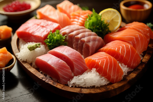 Close-up top view of ingredients Sashimi SET, Salmon, Tuna, Japanese food. AI Generated.