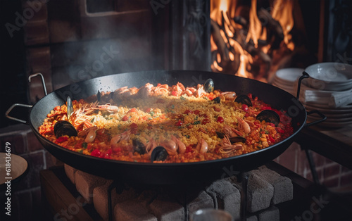 Food, kitchen and fine dining with paella in restaurant for health, hospitality and nutrition. Menu, diet and ai generated with closeup of Spanish cuisine in cafe for dinner, cooking and retail