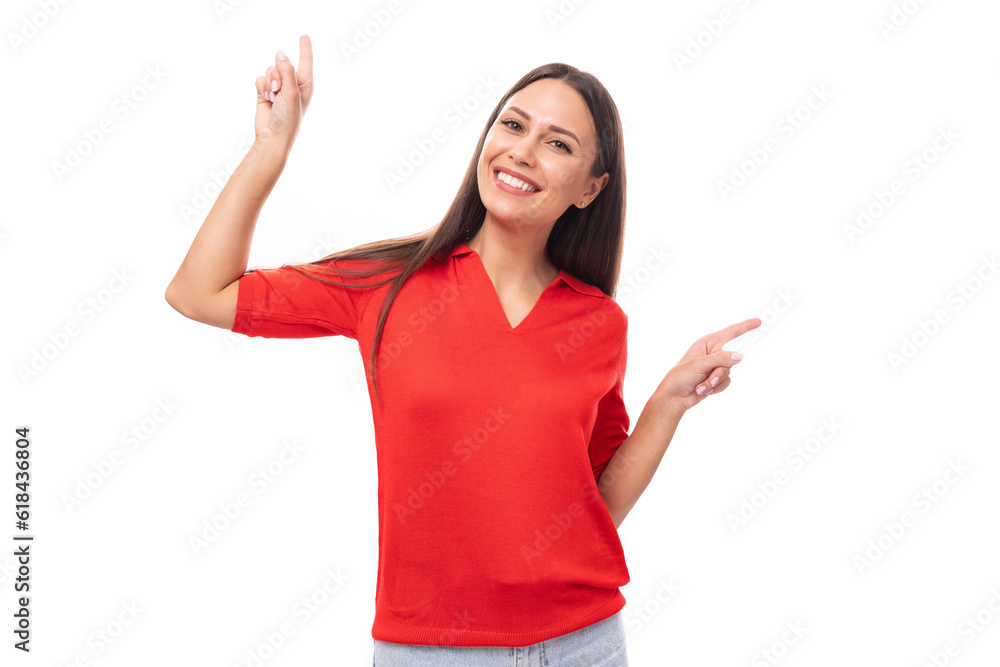 young optimistic charming caucasian female model with black straight hair wearing a red short sleeve blouse young optimistic charming caucasian female model with black straight hair wearing a red short sleeve blouse