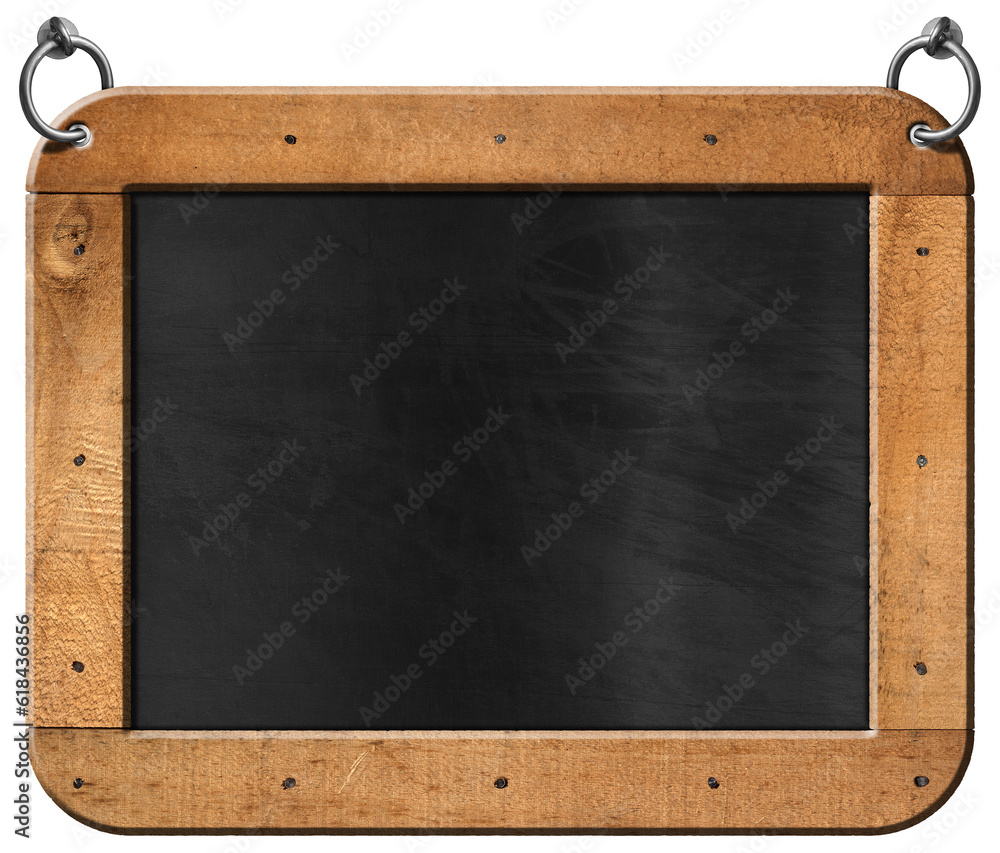 Old blank blackboard with wooden rectangular frame and steel rings for hanging. Isolated on white or transparent background and copy space, template. Png. Old blank blackboard with wooden rectangular frame and steel rings for hanging. Isolated on white or transparent background and copy space, template. Png.