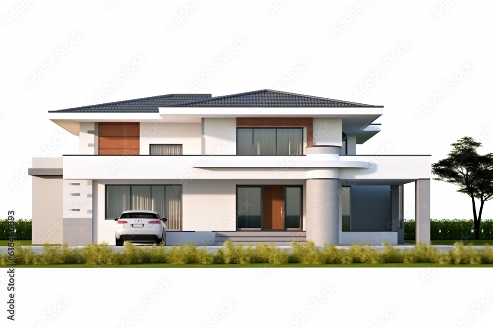 Front view of a isolated modern house with a big lawn. white background. Generative AI