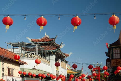 Vibrant Asian style buildings framed by a picturesque display of traditional red Chinese lanterns