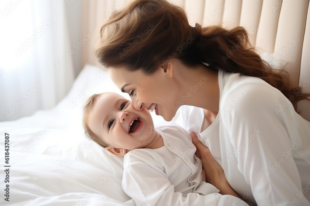 Happy cheerful family. Mother and baby kissing, laughing and hugging . Generative AI Happy cheerful family. Mother and baby kissing, laughing and hugging . Generative AI