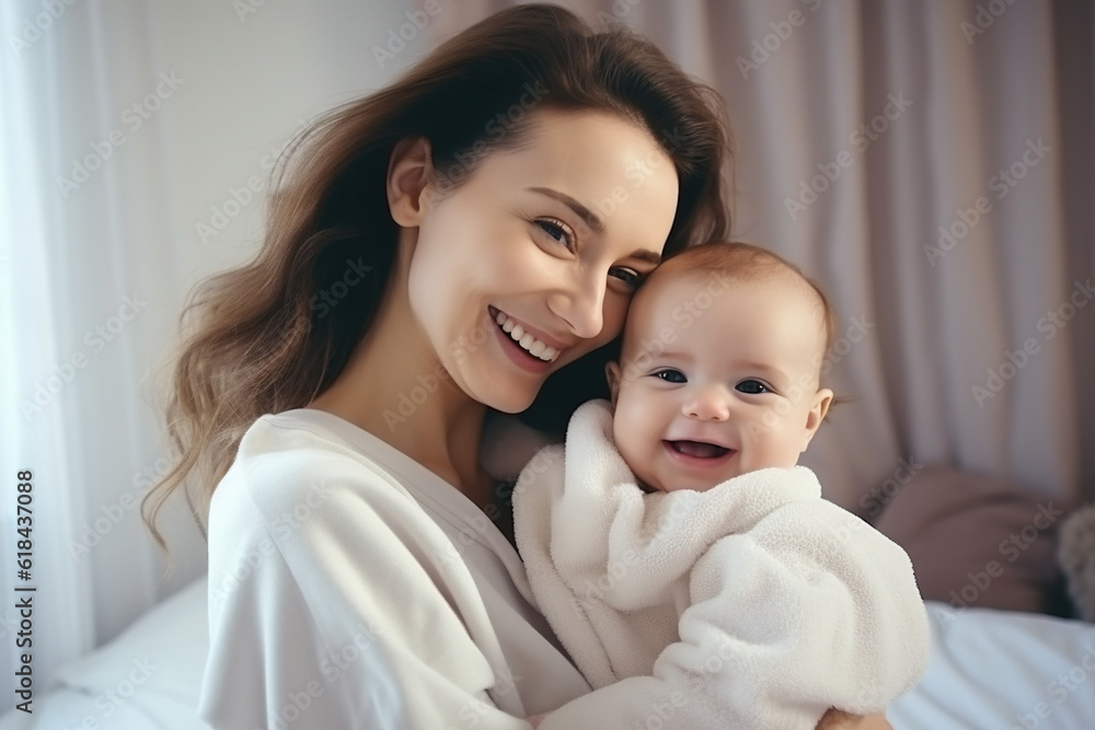 Happy cheerful family. Mother and baby kissing, laughing and hugging . Generative AI