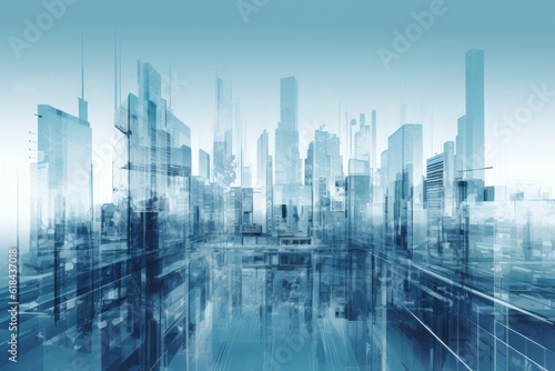Modern abstract city skyline  Vibrant and High-Energy Imagery of Modern Buildings in Architectural Blueprint Style  Showcasing Thin Steel Forms and Contemporary Glass Facades