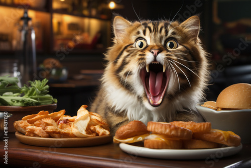 Happy cat biting a burger on a open concept living room. Generative AI