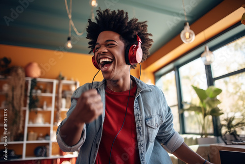 Happy funny gen z hipster African American teen guy wearing headphones dancing at home, listening music on mobile phone, having fun feeling funky moving in living room, authentic shot . Generative AI