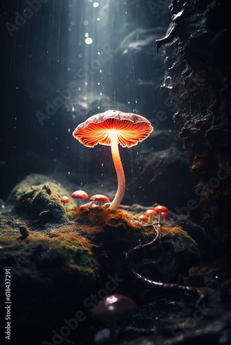 Glowing mushroom in the cave. Generative AI