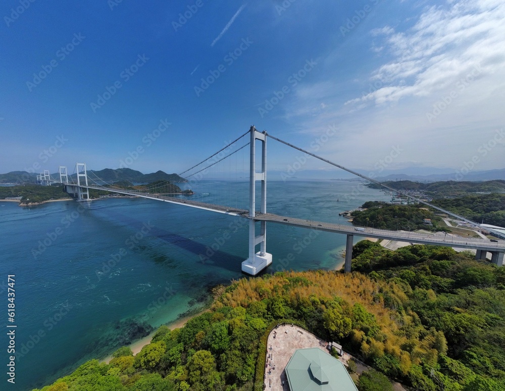 Aerial view of the Kurushima Kaikyo Bridge in Japan